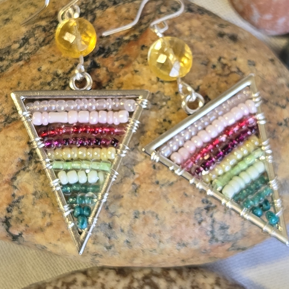 Vibrant Multicolor Beaded Triangle Earrings - Picture 5 of 6